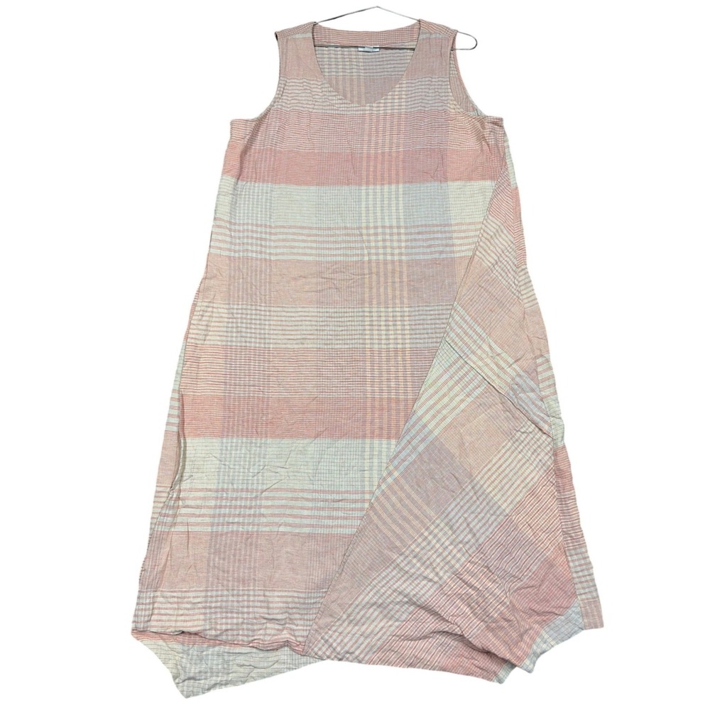 Pure Jill Maxi Dress Womens XL Pink Plaid Linen Blend Asymmetric Hem Lagenlook